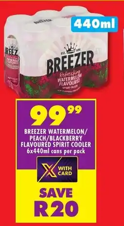 Shoprite Liquor Breezer watermelon/ peach/blackberry flavoured spirit cooler cans offer