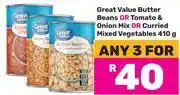 Game Great Value Butter Beans Or Tomato & Onion Mix Or Curried Mixed Vegetables-For 3 x 410g offer
