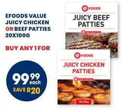 Econo Foods Efoods value juicy chicken or beef patties offer