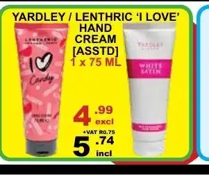 Arrow Cash And Carry Yardley / Lenthric 'I Love' Hand Cream Asstd 1 x 75ml offer