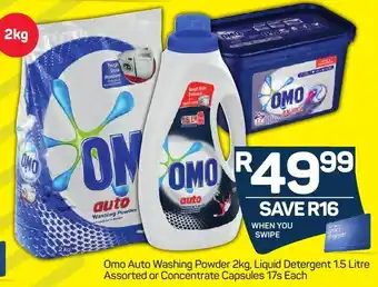 Pick n Pay Omo Auto Washing Powder 2kg,Liquid Detergent 1.5 L Assorted or Concentrate Capsules 17s offer