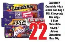 Boxer Superstores CADBURY Crunchie/ Lunch Bar/ P.S. Chocolate Bar/ 5 Star Chocolate/ Astros Chocolate Box offer