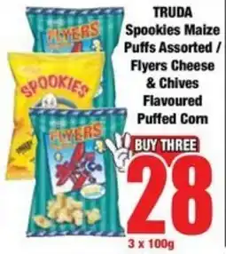 Boxer Superstores TRUDA Spookies Maize Puffs Assorted/ Flyers Cheese & Chives Flavoured Puffed Corn offer