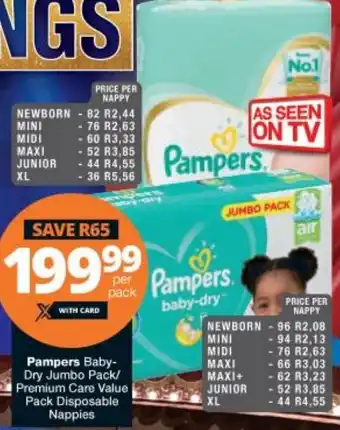 Checkers Pampers Baby Dry Jumbo Pack/Premium Care Value Pack Disposable Nappies offer