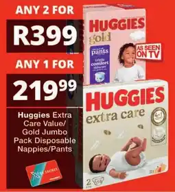 Checkers Huggies Extra Care Value/ Gold Jumbo Pack Disposable Nappies/ Pants offer