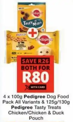 Checkers Pedigree Dog Food Pack All Variants & Pedigree Tasty Treats Chicken/ Chicken & Duck Pouch offer