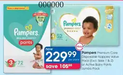 Clicks Pampers Premium Care Disposable Nappies Value Pack or Active Baby Pants Jumbo Pack offer