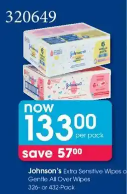Clicks Johnson's Extra Sensitive Wipes or Gentle All Over Wipes offer