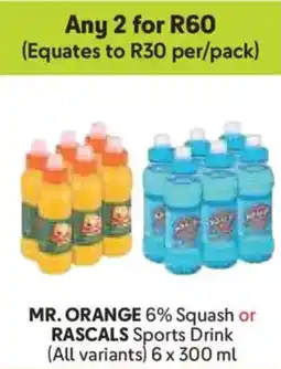 Makro MR. ORANGE 6% Squash or RASCALS Sports Drink offer