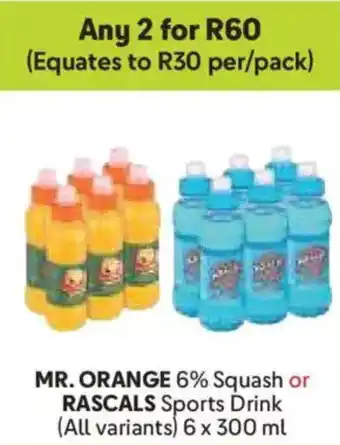 Makro MR. ORANGE 6% Squash or RASCALS Sports Drink offer
