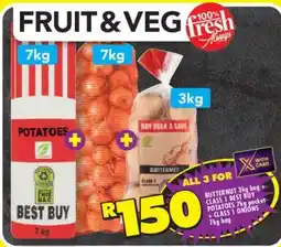 Shoprite BUTTERNUT 3kg bag + CLASS 1 BEST BUY POTATOES 7kg pocket + CLASS 1 ONIONS 7kg bag offer