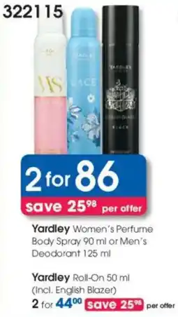 Clicks Yardley Women's Perfume Body Spray or Men's Deodorant offer