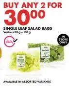 Woolworths Single Leaf Salad Bags-For Any 2 x 80g-130g offer