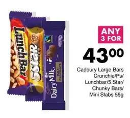 Save Hyper Cadbury Large Bars Crunchie/ Ps/ Lunchbar/ 5 Star/ Chunky Bars/ Mini Slabs offer