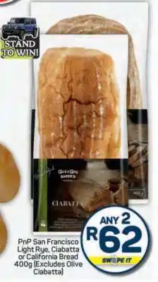 Pick n Pay PnP San Francisco Light Rye, Ciabatta or California Bread 400g offer