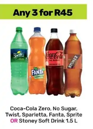 Game Coca-Cola Zero, No Sugar, Twist, Sparletta, Fanta, Sprite OR Stoney Soft Drink 1.5 L offer