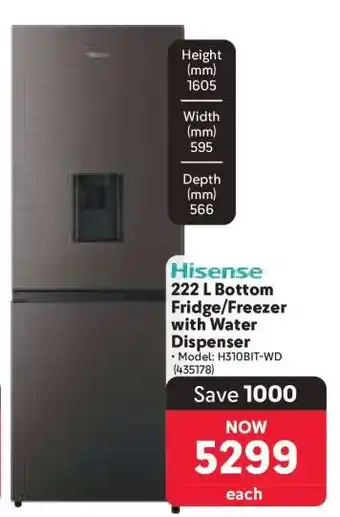 Makro Hisense 222 L Bottom Fridge Freezer with Water Dispenser offer