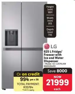 Makro LG 625 L Fridge/Freezer with Ice and Water Dispenser offer