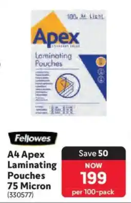Makro Fellowes A4 Apex Laminating Pouches 75 Micron offer