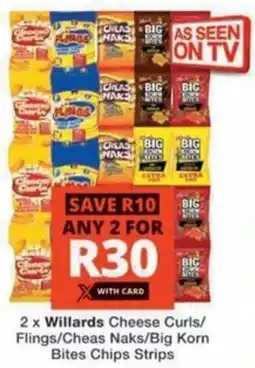 Checkers Willards Cheese Curls/ Flings/ Cheas Naks/ Big Korn Bites Chips Strips offer