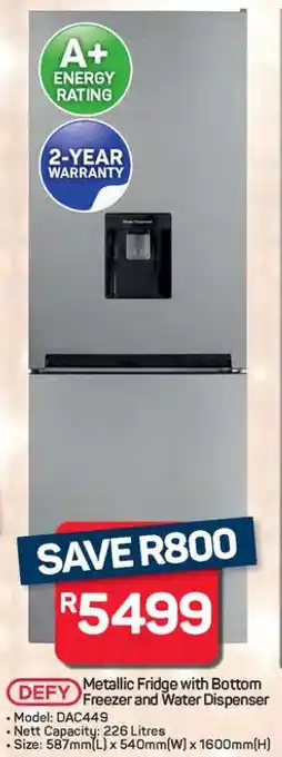 Pick n Pay Hypermarket DEFY Metallic Fridge with Bottom Freezer and Water Dispenser offer