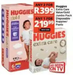 Checkers Huggies Extra Care Value/ Gold Jumbo Pack Disposable Nappies/ Pants offer
