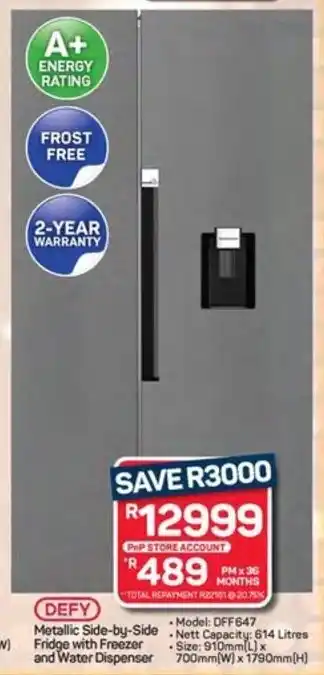 Pick n Pay Defy Metallic Side-by-Side Fridge with Freezer and Water Dispenser offer