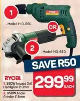 Pick n Pay Ryobi 550W Impact Drill Handyline or 650W Angle Grinder offer