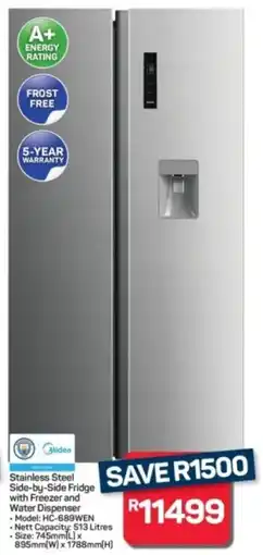 Pick n Pay Hypermarket Midea Stainless Steel Side-by-Side Fridge with Freezer and Water Dispenser offer