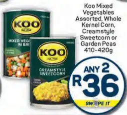 Pick n Pay Koo Mixed Vegetables Assorted, Whole Kernel Corn, Creamstyle Sweetcorn or Garden Peas 410-420g offer