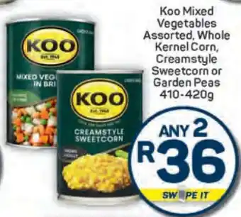 Pick n Pay Koo Mixed Vegetables Assorted, Whole Kernel Corn, Creamstyle Sweetcorn or Garden Peas 410-420g offer