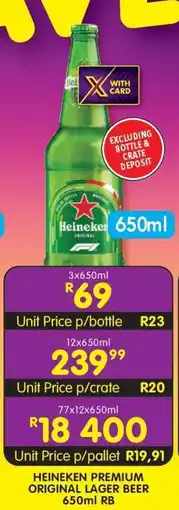Shoprite HEINEKEN PREMIUM ORIGINAL LAGER BEER 650ml RB offer