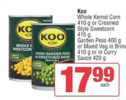 Spar Koo Whole Kernel Corn or Creamed Style Sweetcorn, Garden Peas, Mixed Veg in Brine or in Curry Sauce offer