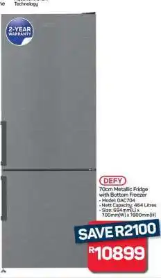 Pick n Pay Hypermarket DEFY 70cm Metallic Fridge with Bottom Freezer offer