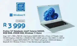 Computer Mania Proline 14" Notebook, Intel Celeron N4020, 8GB RAM, 256GB SSD, Windows 11 Home offer