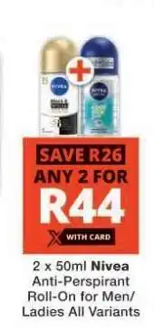Checkers Nivea Anti-Perspirant Roll-On offer