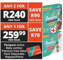 Checkers Pampers Active Baby Jumbo/Premium Care Value Pack offer