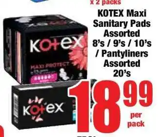 Boxer KOTEX Maxi Sanitary Pads Assorted 8's / 9's / 10's / Pantyliners Assorted 20's offer