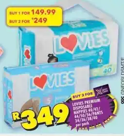 Shoprite LOVIES PREMIUM DISPOSABLE NAPPIES 40/42/44/50/56/PANTS 34/36/38/40 per pack offer