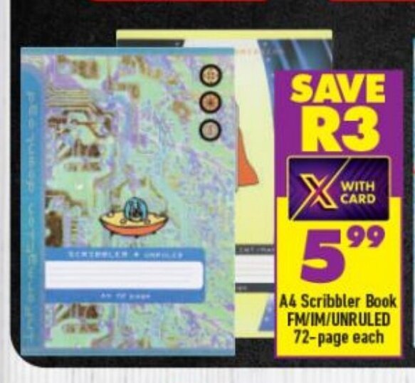 A4 Scribbler Book FM/IM/UNRULED 72Page each offer at Shoprite