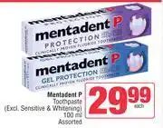 Spar Mentadent P Toothpaste (Excl Sensitive & Whitening) Assorted-100ml Each offer