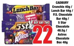 Boxer Superstores Cadbury Crunchie/ Lunch Bar/ P.S. Chocolate Bar/ 5 Star Chocolate/ Astros Chocolate Box offer
