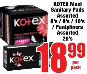 Boxer Superstores KOTEX Maxi Sanitary Pads Assorted/ Pantyliners Assorted offer