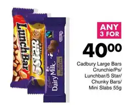 Save Cadbury Large Bars Crunchie/ Ps/ Lunchbar/ 5 Star/ Chunky Bars/ Mini Slabs offer