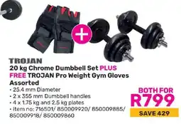 Game TROJAN 20 kg Chrome Dumbbell Set PLUS FREE TROJAN Pro Weight Gym Gloves Assorted offer