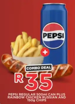 OK Foods Pepsi regular can plus rainbow chicken russian and chips offer