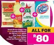 Game Selati Brown Sugar 1Kg, Excela Sunflower Oil 750ml, WhiteStar Maize Meal 1kg & Golden Cloud Flour1kg offer