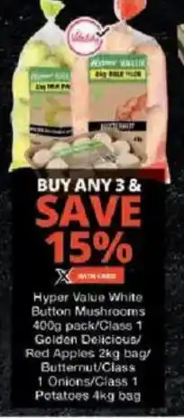 Checkers Hyper Hyper Value White Button Mushrooms/ Class 1 Golden Delicious/ Red Apples/ Butternut/ Class 1 Onions/ Class 1 Potatoes offer
