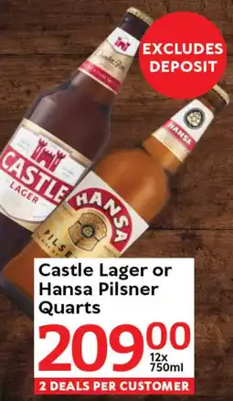 Oxford Freshmarket Castle Lager or Hansa Pilsner Quarts offer
