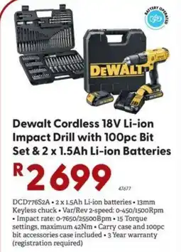 Brights Hardware Dewalt Cordless 18V Li-ion Impact Drill with 100pc Bit Set & 1.5Ah Li-ion Batteries offer
